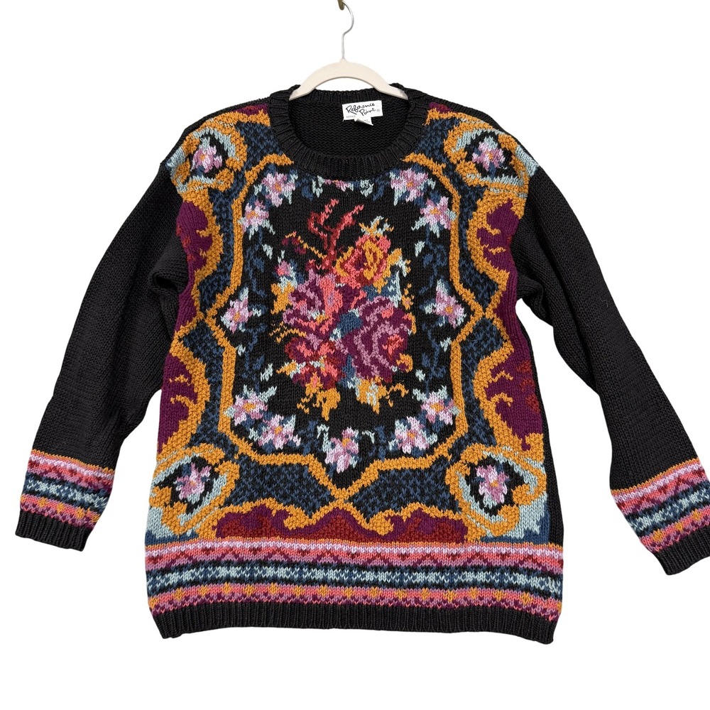 Vintage Reference Point Sweater Womens Petites Small Black Floral Tapestry 80s